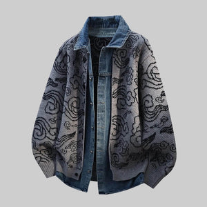 Denim-Collar Knit Cardigan