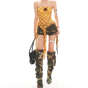 Y2K Star Plaid Asymmetric Tube Top