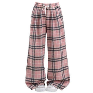 Pink Plaid Wide Leg Pants