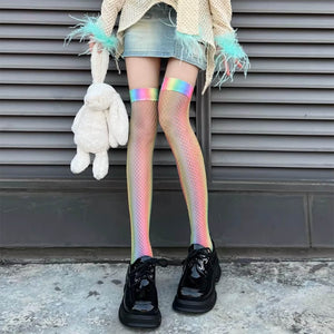 Iridescent Fishnet Knee-High Socks
