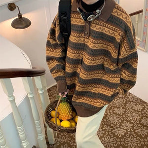 Striped Pattern Grandma Collar Sweater