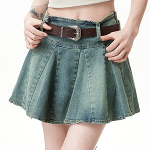 90s Grunge Pleated Denim Mini Skirt