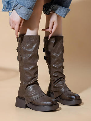 Grunge Faux Leather Belted Boots