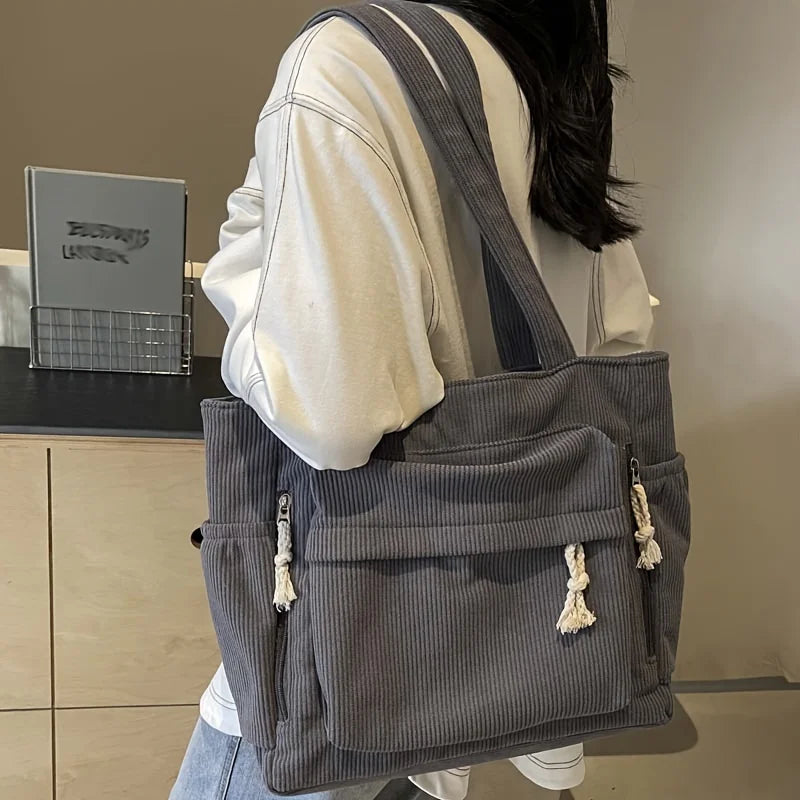 Multi Pocket Corduroy Tote Bag