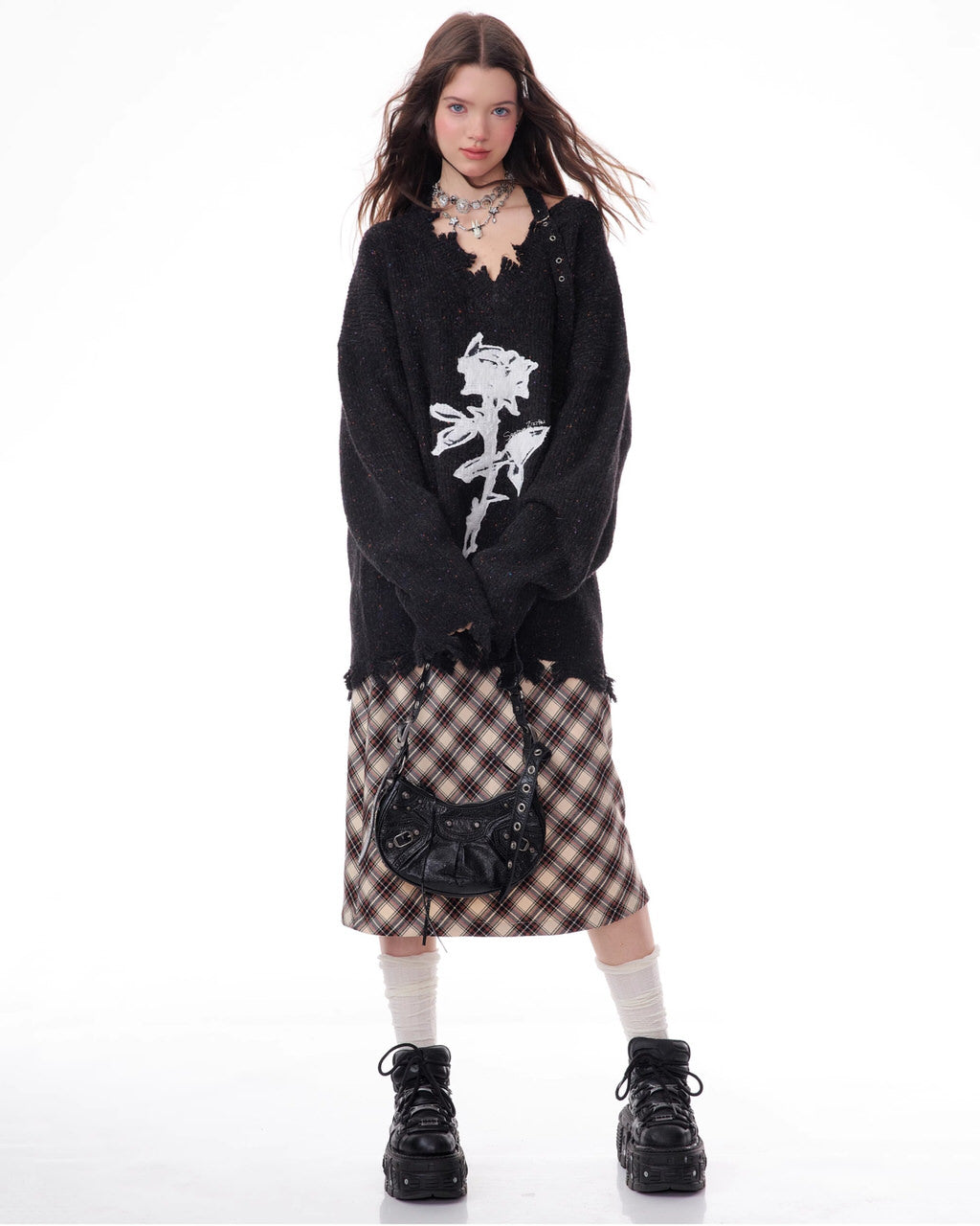 Distressed Rose Print Sweater