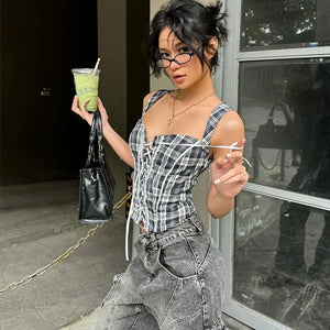 Y2K Plaid Lace Up Top