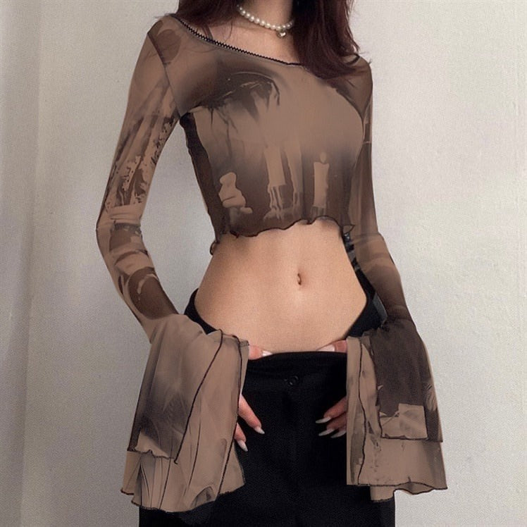 Futuristic Flare Sleeves Mesh Top
