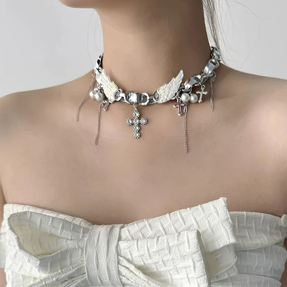 Angel Wings Cross Choker Necklace