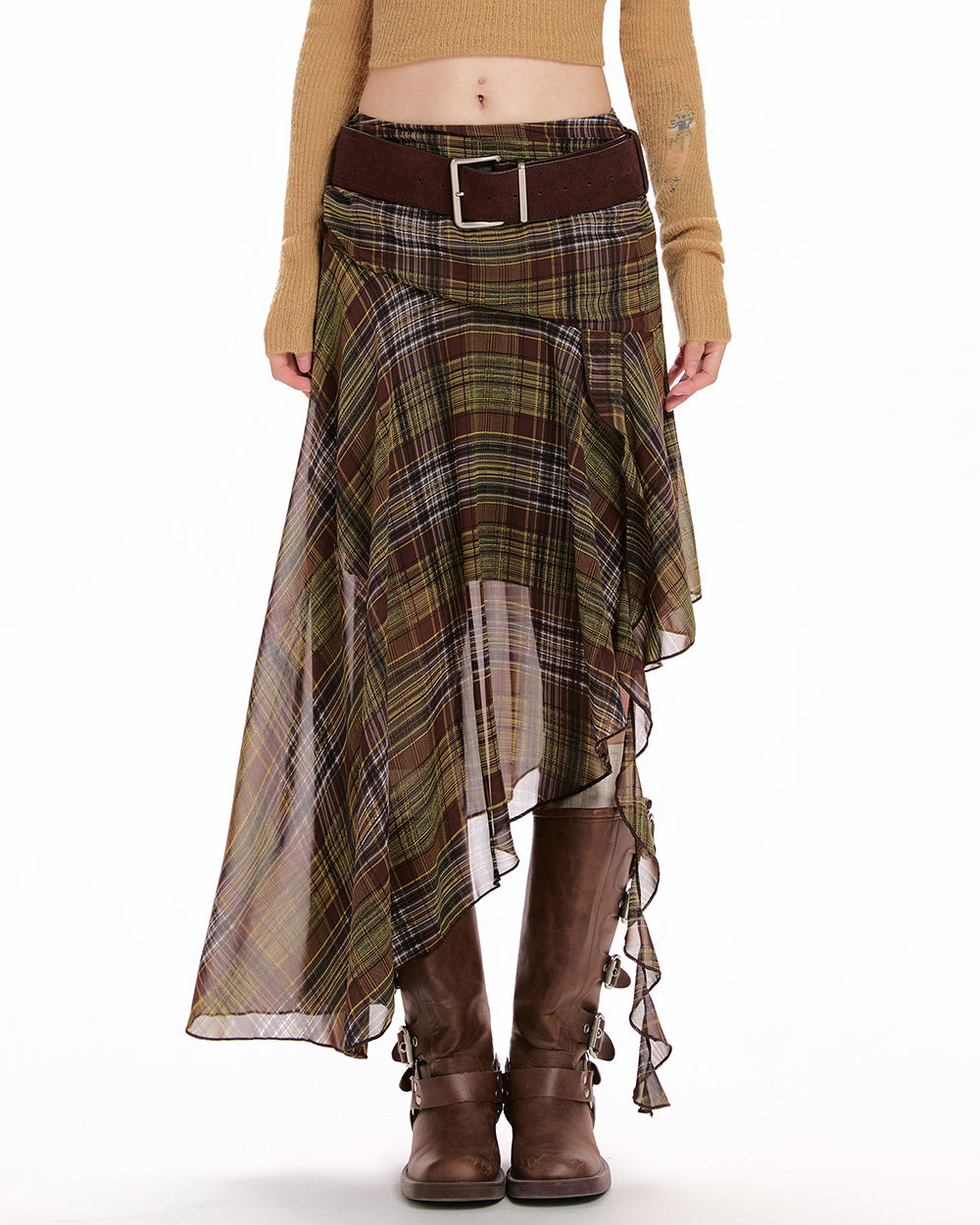 Asymmetrical Plaid Midi Skirt