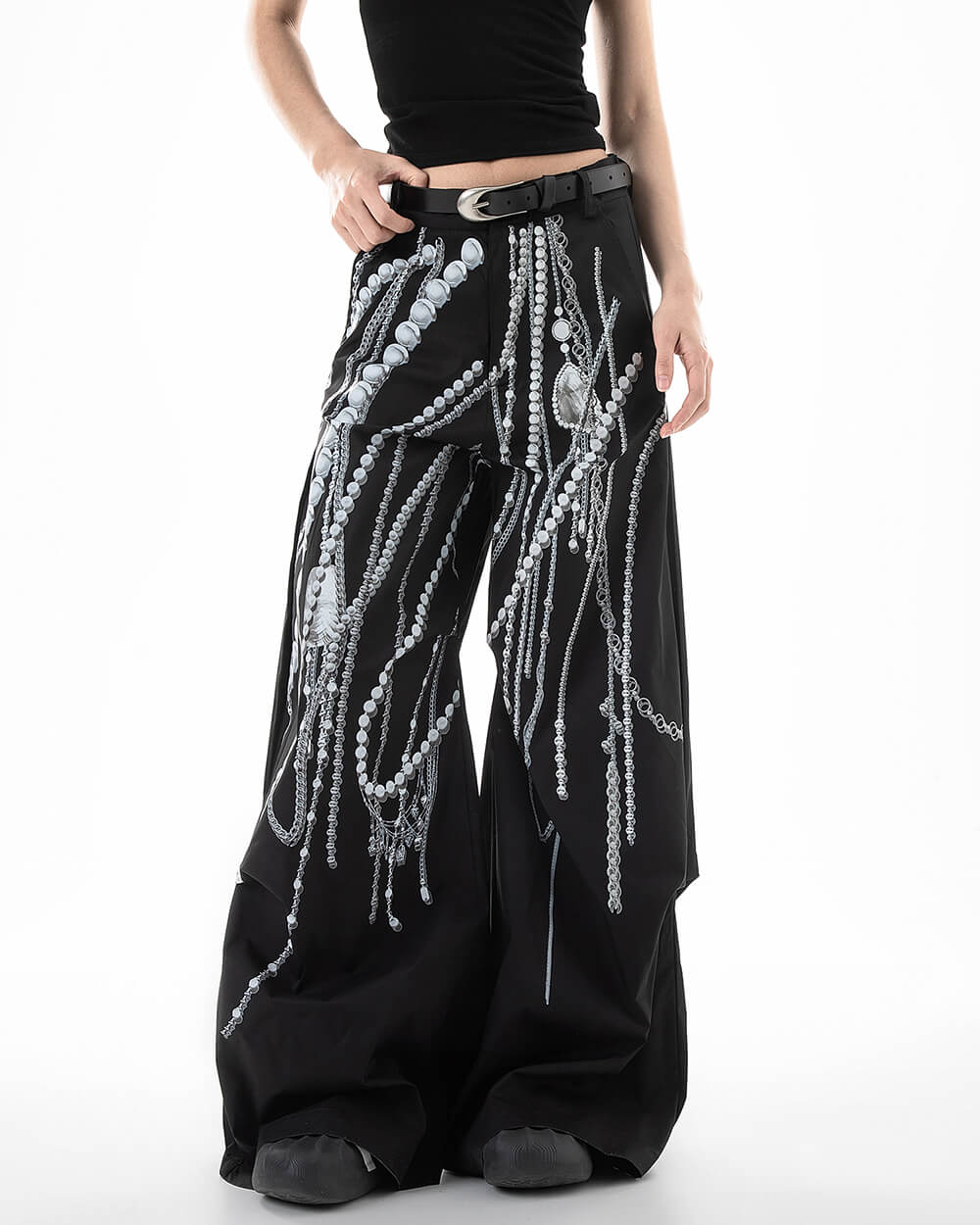 Black Wide-Leg Pants with Pearl Chain Print