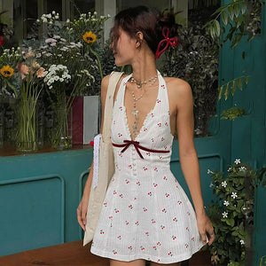 French Summer Cherry Halter Dress