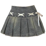 Fairy Grunge Lace Up Denim Pleated Skirt
