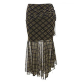Plaid Asymmetrical Mesh Skirt