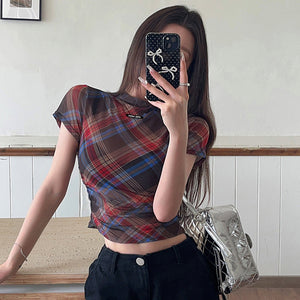 Preppy Plaid Mesh Crop Top