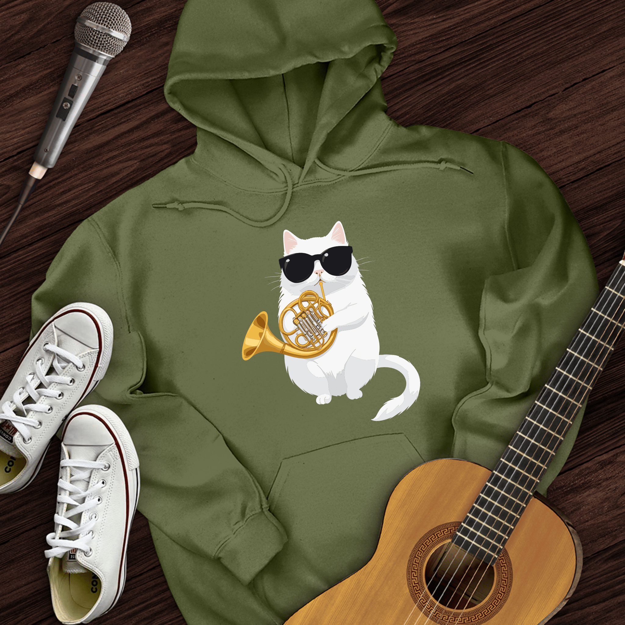 Cat Playing French Horn Hoodie