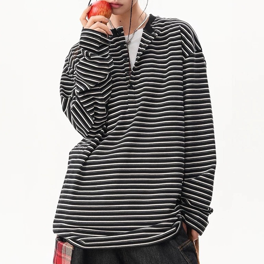 Relaxed Striped Button Up Long Sleeve Top