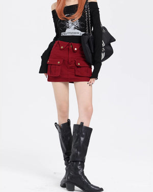 Wine Red Zip Front Mini Skirt
