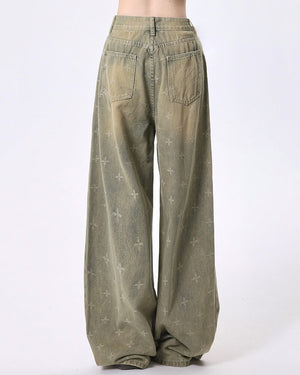 Washed Cross Print Wide Leg Jeans