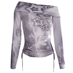 Y2K Star Mesh Off-Shoulder Long Sleeve Top