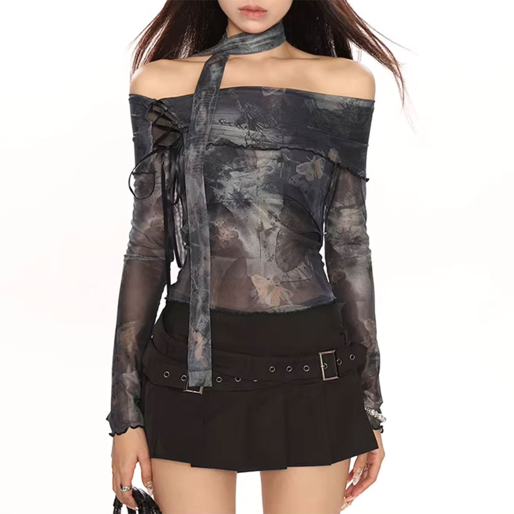Y2K Tie-Dye Mesh Off-Shoulder Top