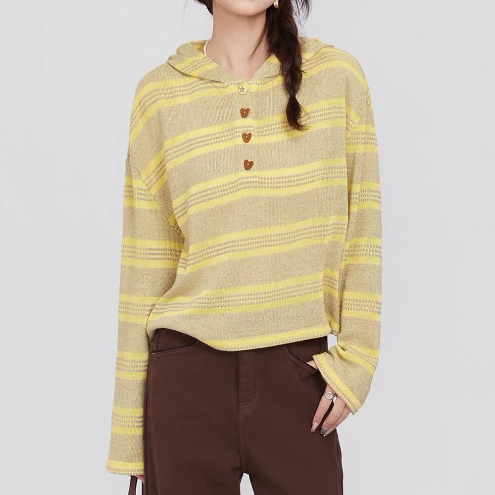Yellow Striped Heart Buttons Hoodie